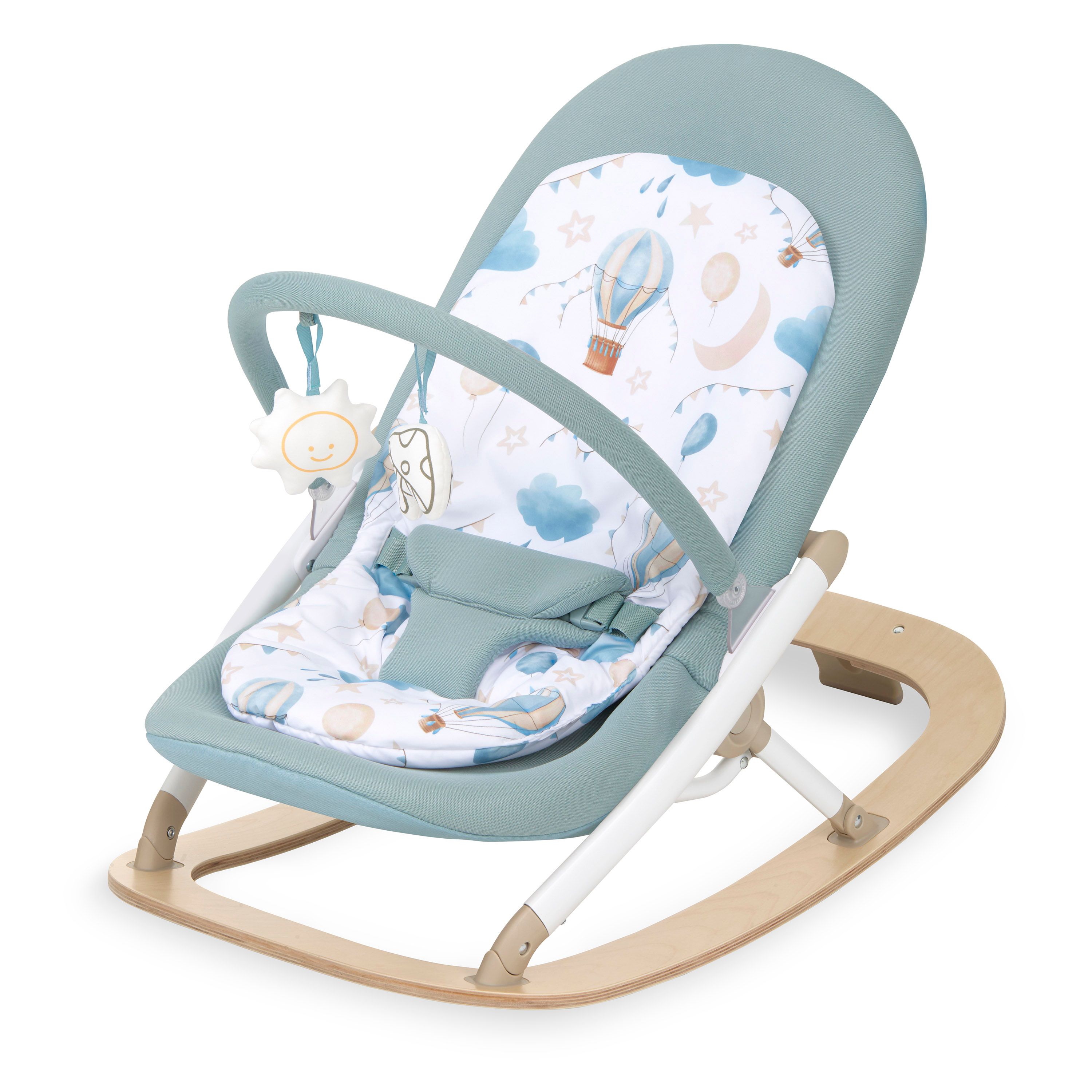 Evolur SleekSway baby rocker with curved wooden rocking base and removable toy bar