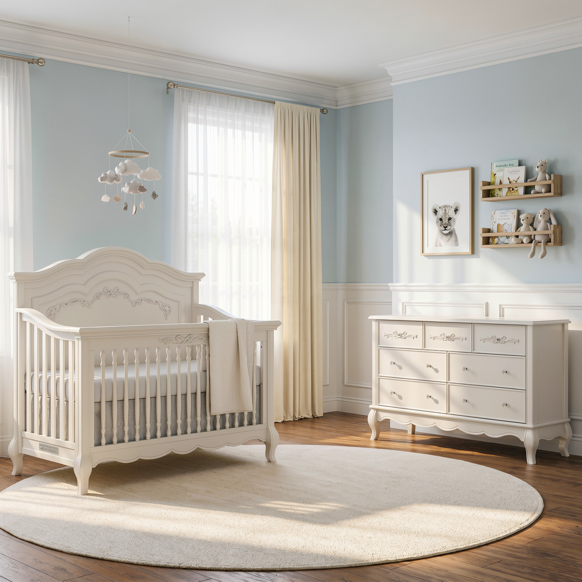 A light blue nursery featuring a white ornate crib, matching dresser, a round rug, and a framed lion cub print.