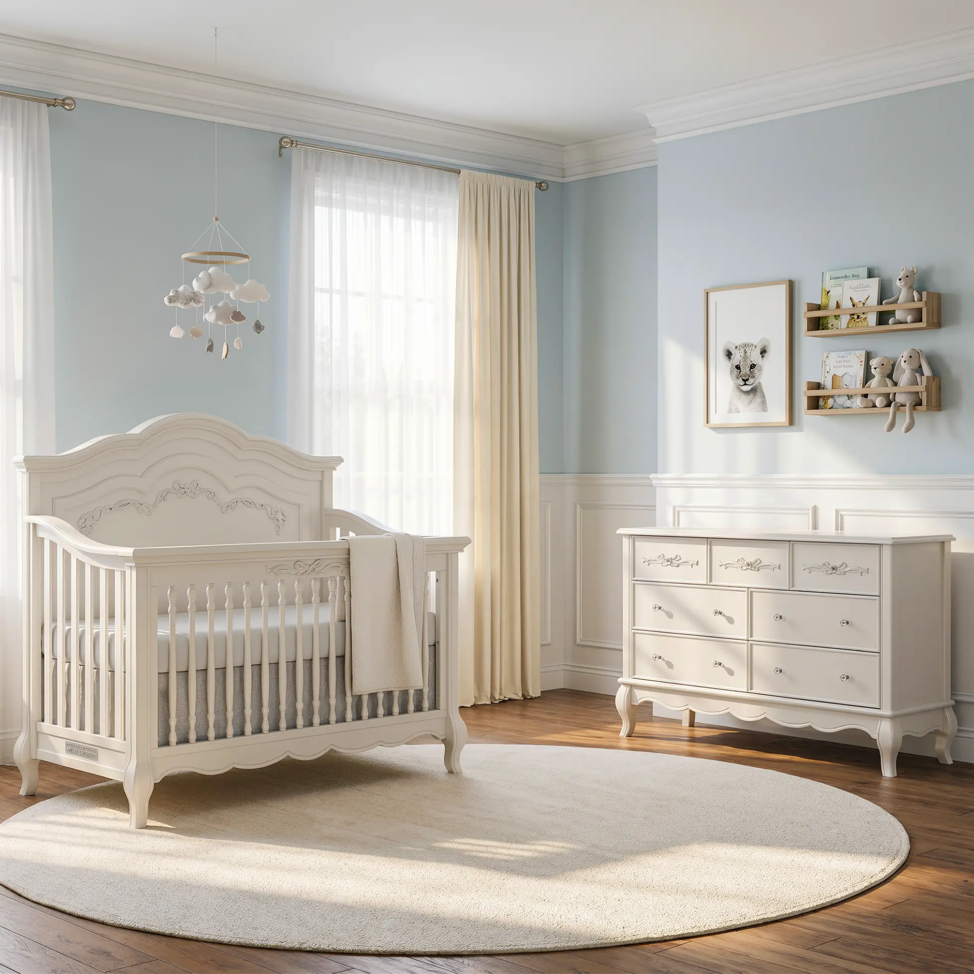 A light blue nursery featuring a white ornate crib, matching dresser, a round rug, and a framed lion cub print.