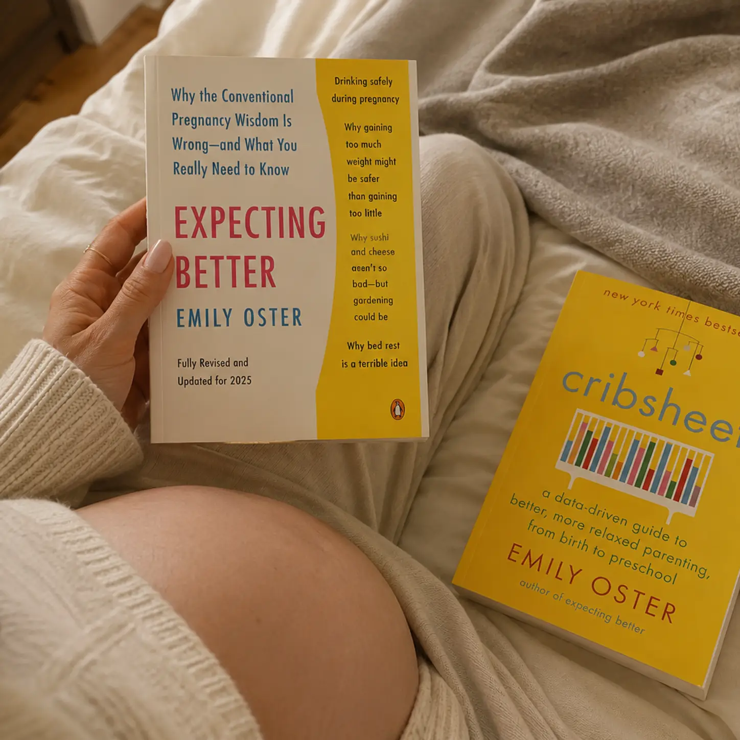 A pregnant person reads "Expecting Better" by Emily Oster, with "Cribsheet" by the same author lying nearby.