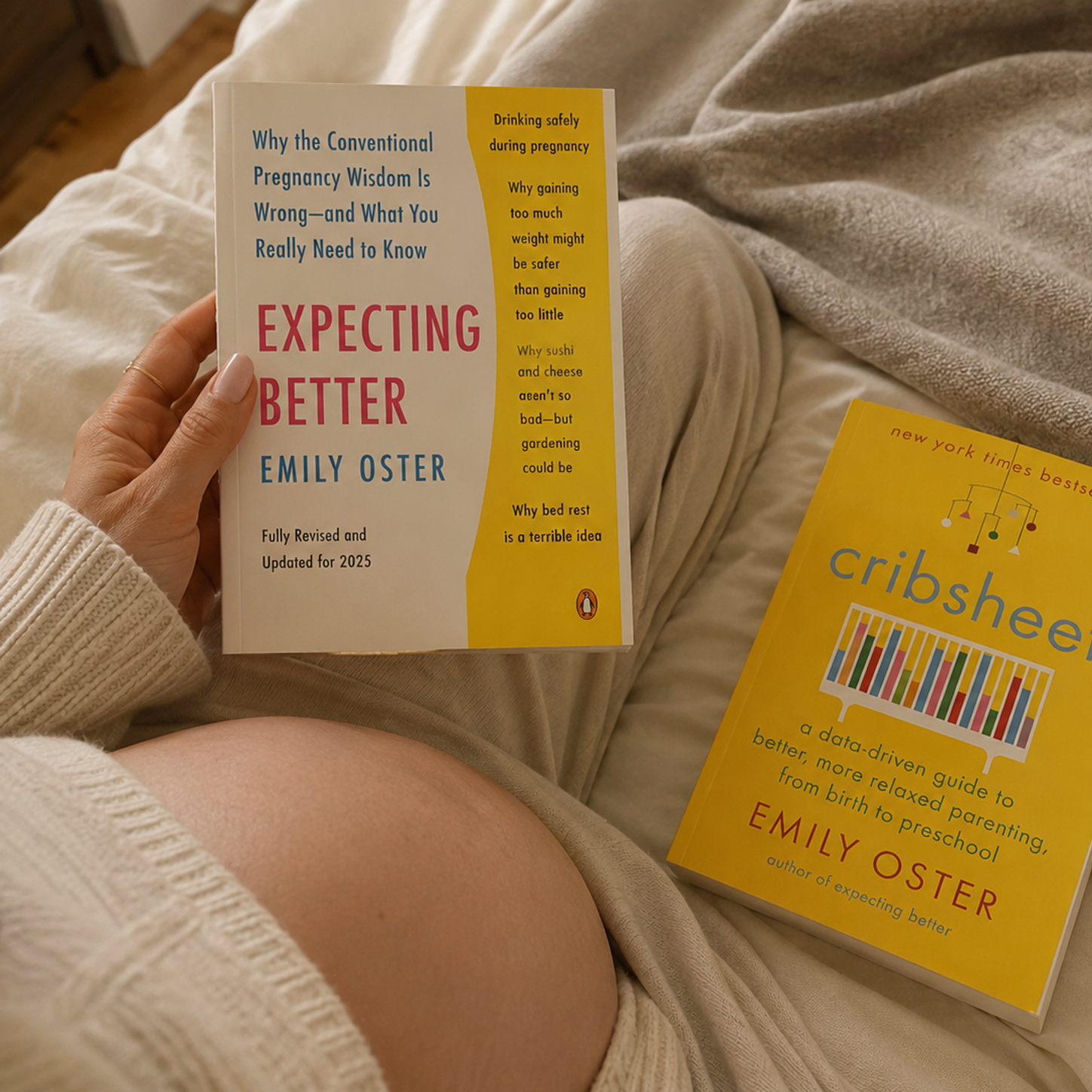 A pregnant person reads "Expecting Better" by Emily Oster, with "Cribsheet" by the same author lying nearby.