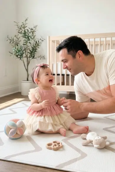 A laughing baby in a pink dress and headband looks at a smiling man on a playmat with toys.