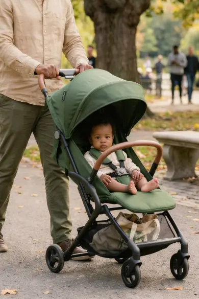 A person pushes a baby in a green stroller through a park.