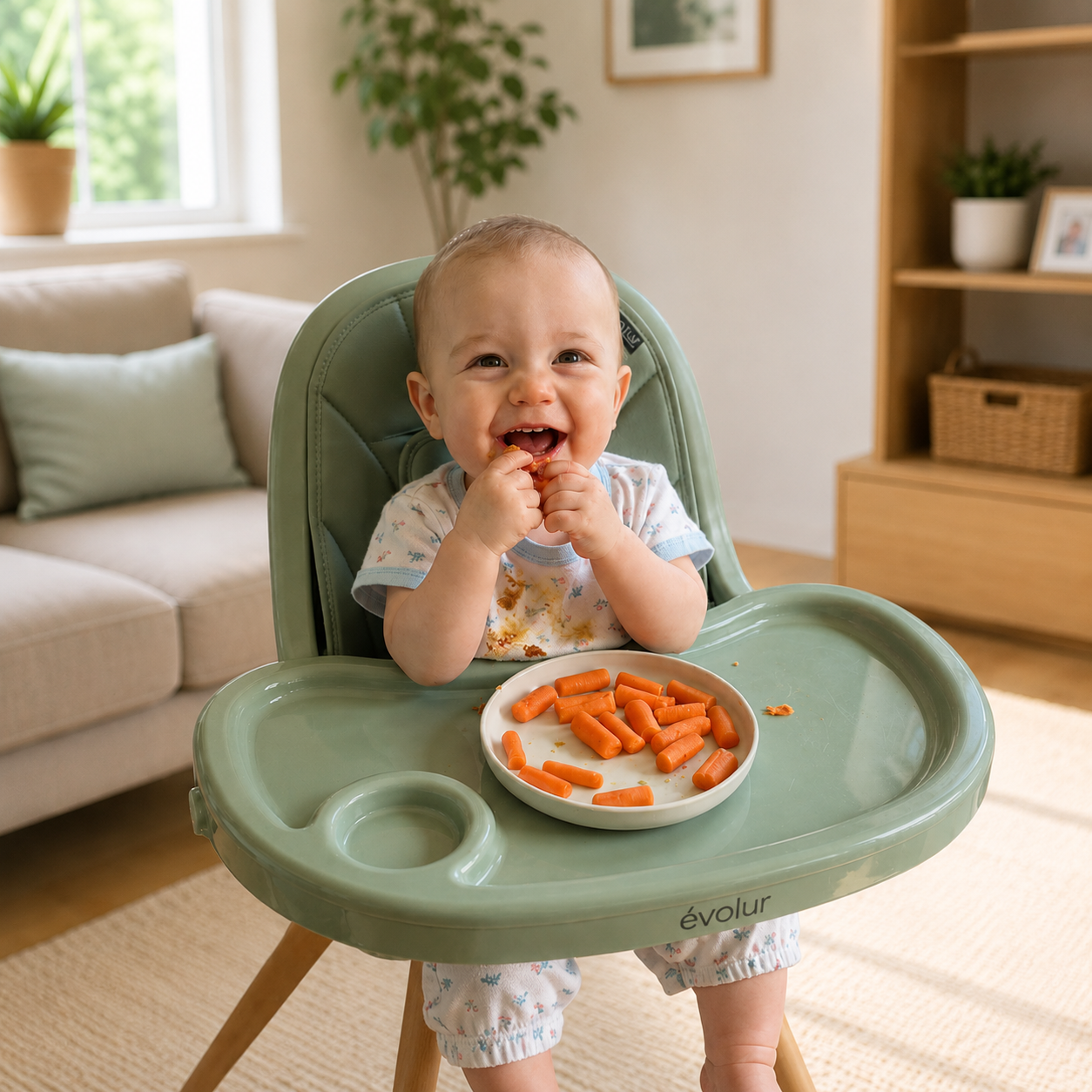 Baby smiling in the Evolur Zoodle 2-In-1 High Chair while enjoying healthy vegetables in a modern living room setting
