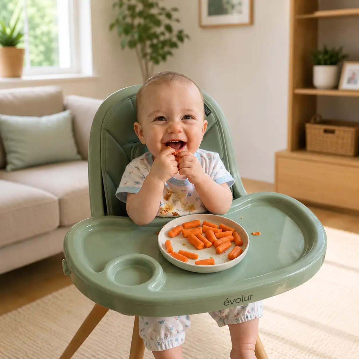 Baby smiling in the Evolur Zoodle 2-In-1 High Chair while enjoying healthy vegetables in a modern living room setting