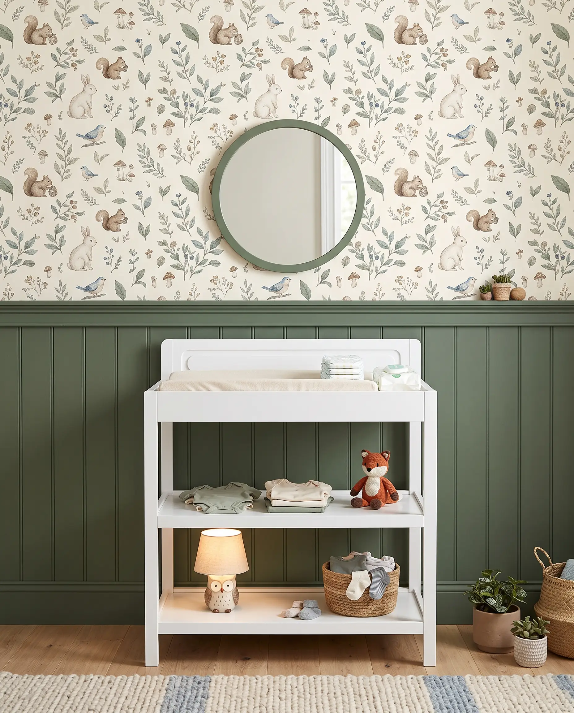 A neutral-toned baby nursery featuring a white changing table, crib, rocking chair, and cloud wall shelves.