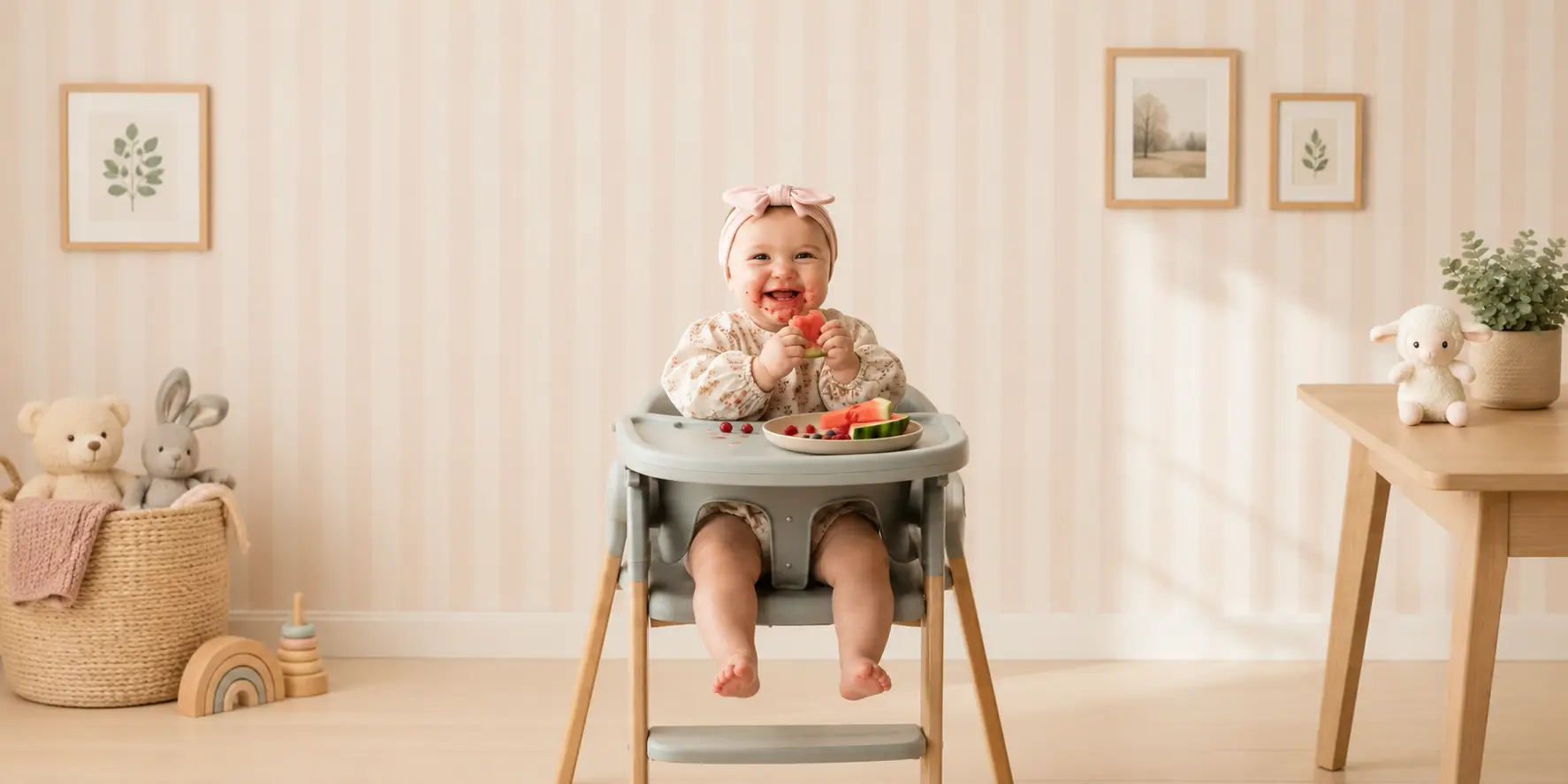 Happy baby enjoying fresh fruits while seated in a modern highchair in a soft, cozy nursery setting.