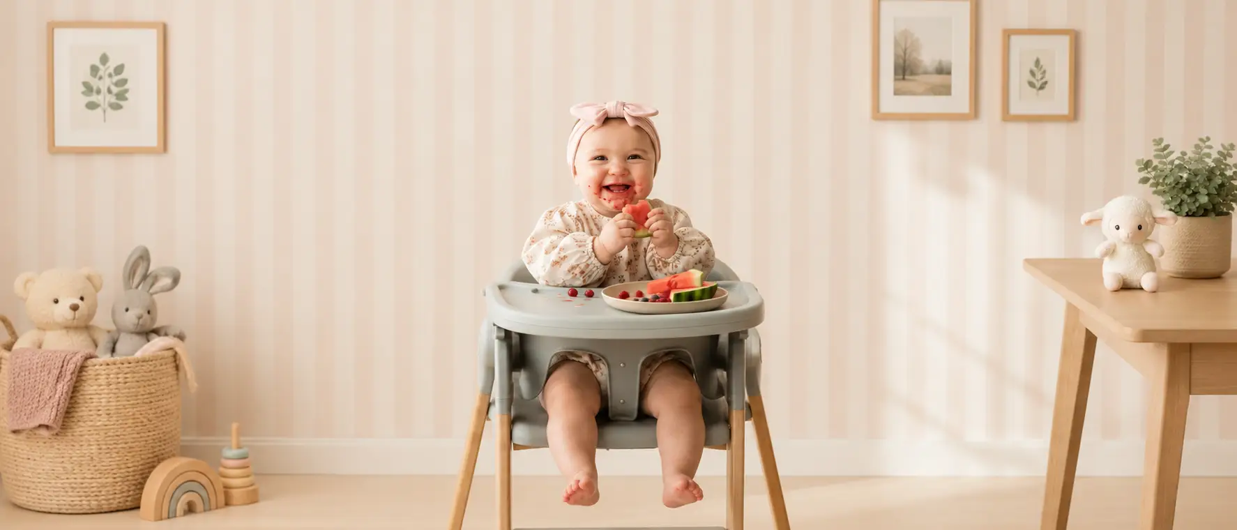 Happy baby enjoying fresh fruits while seated in a modern highchair in a soft, cozy nursery setting.