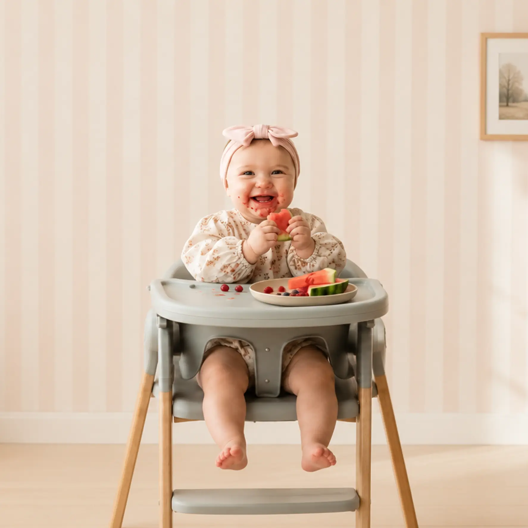 Happy baby enjoying fresh fruits while seated in a modern highchair in a soft, cozy nursery setting.