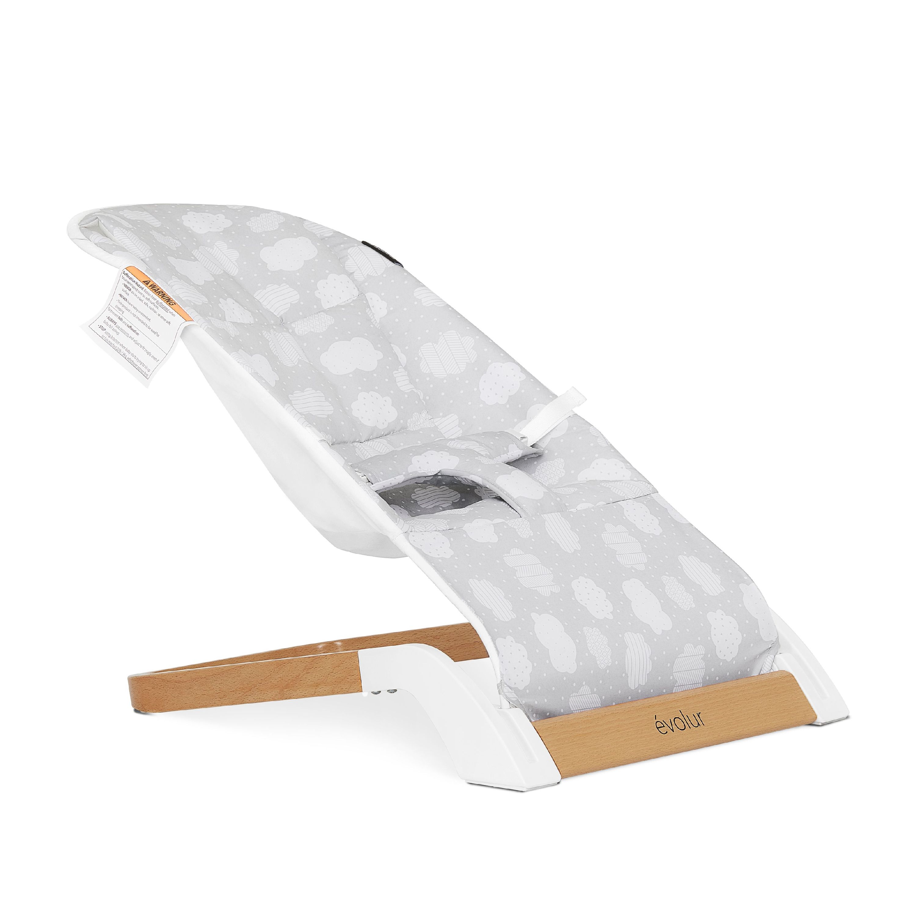 Evolur Koko infant baby bouncer with stationary wooden base and soft gray cloud-patterned seat