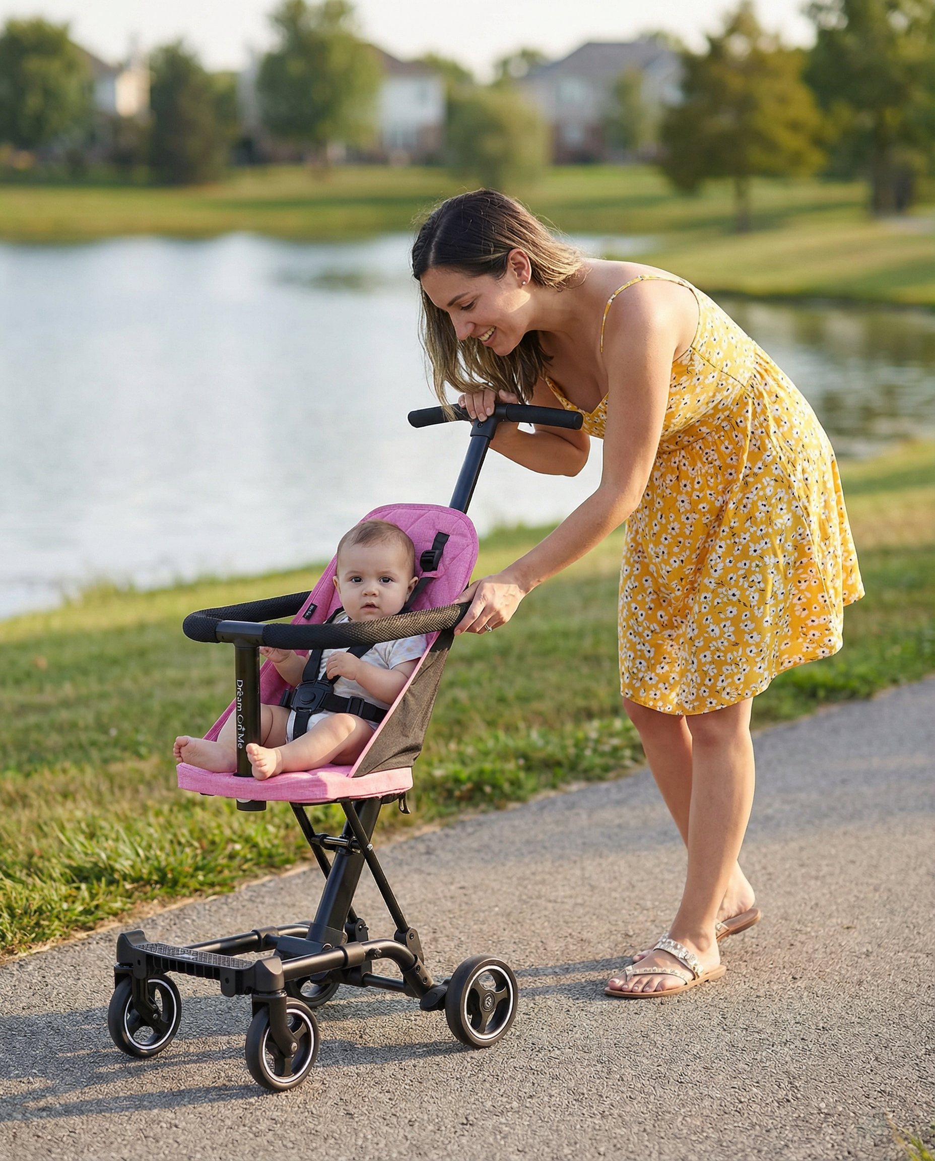 Mother walking with baby in Dream On Me Coast Rider lightweight stroller near a lakeside park