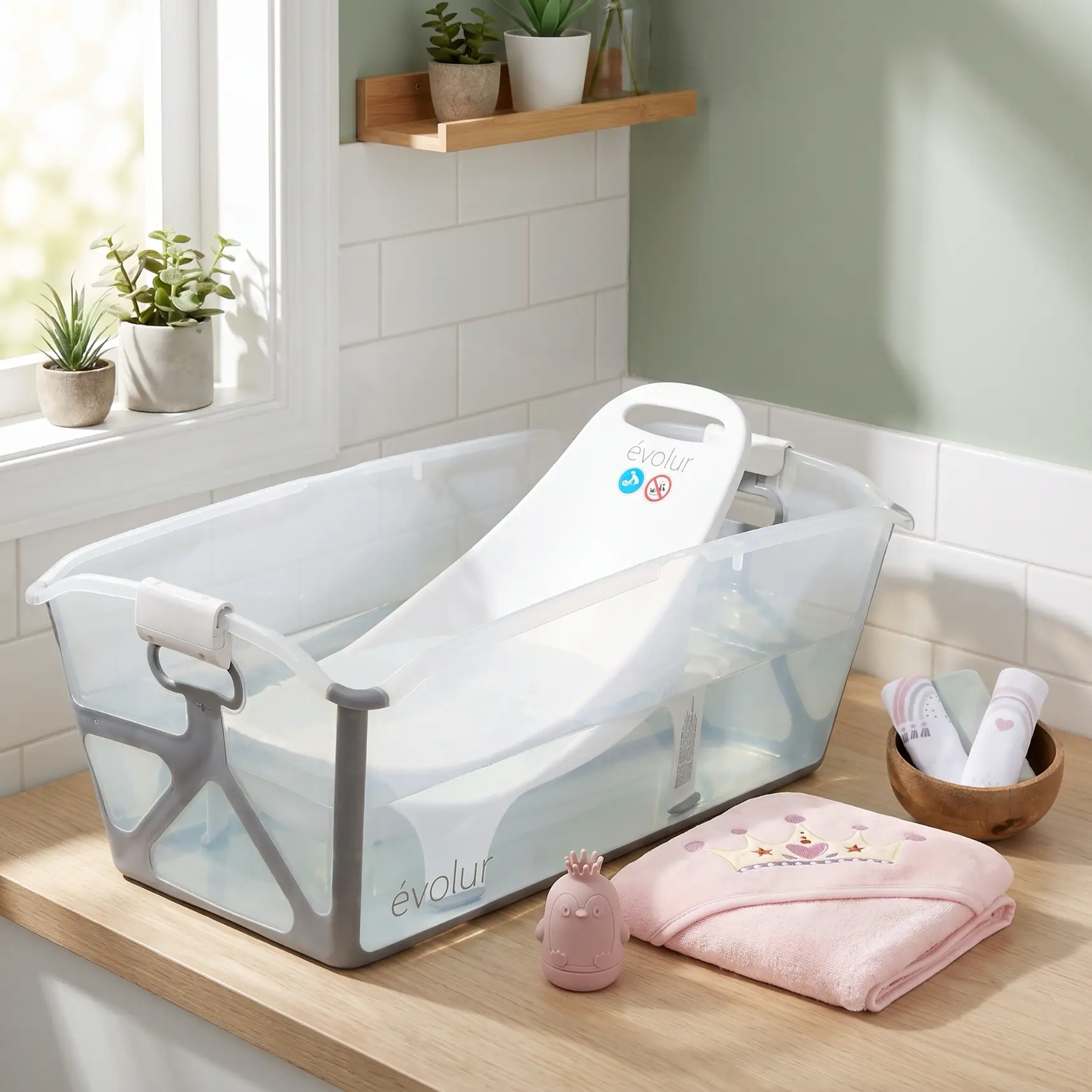 An Evolur baby bathtub with a white sling, filled with water, next to a pink hooded towel and bath accessories on a wooden counter.