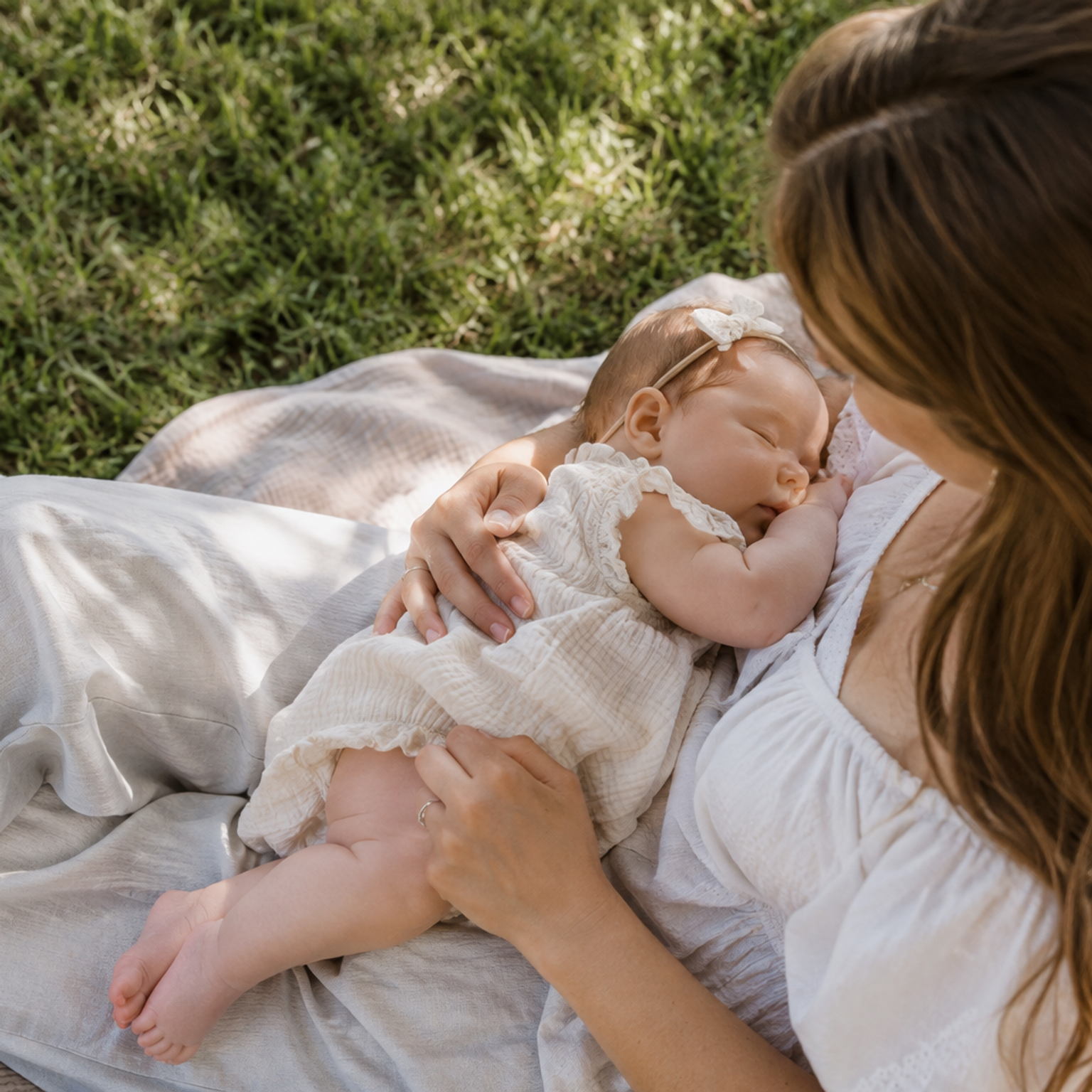 A woman cradles a sleeping baby on a blanket on green grass.