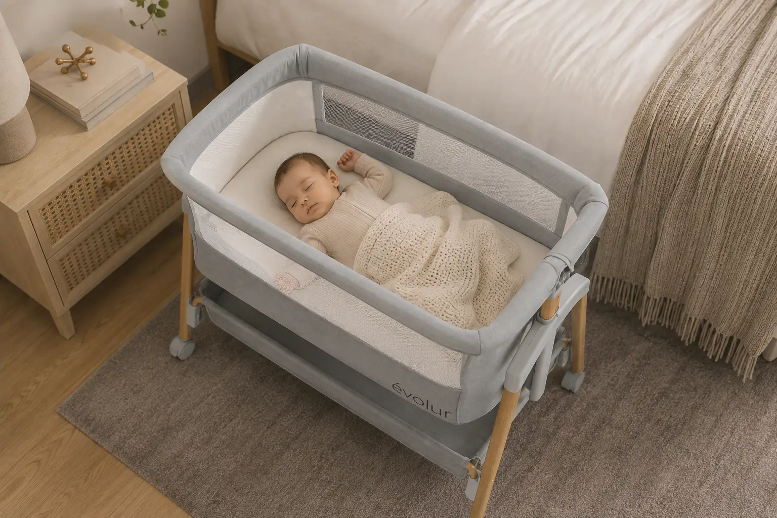 A baby sleeps peacefully in a gray Évolur bassinet next to a bed.
