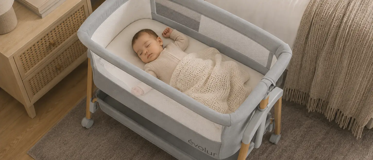 A baby sleeps peacefully in a gray Évolur bassinet next to a bed.
