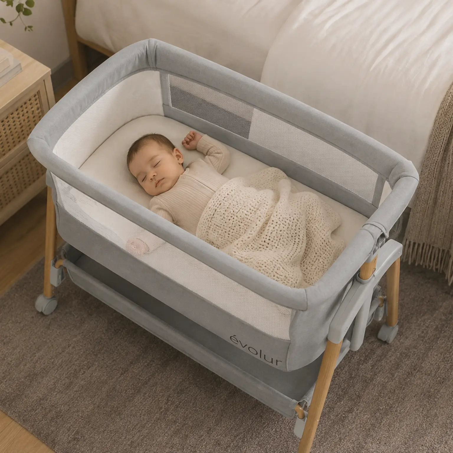 A baby sleeps peacefully in a gray Évolur bassinet next to a bed.