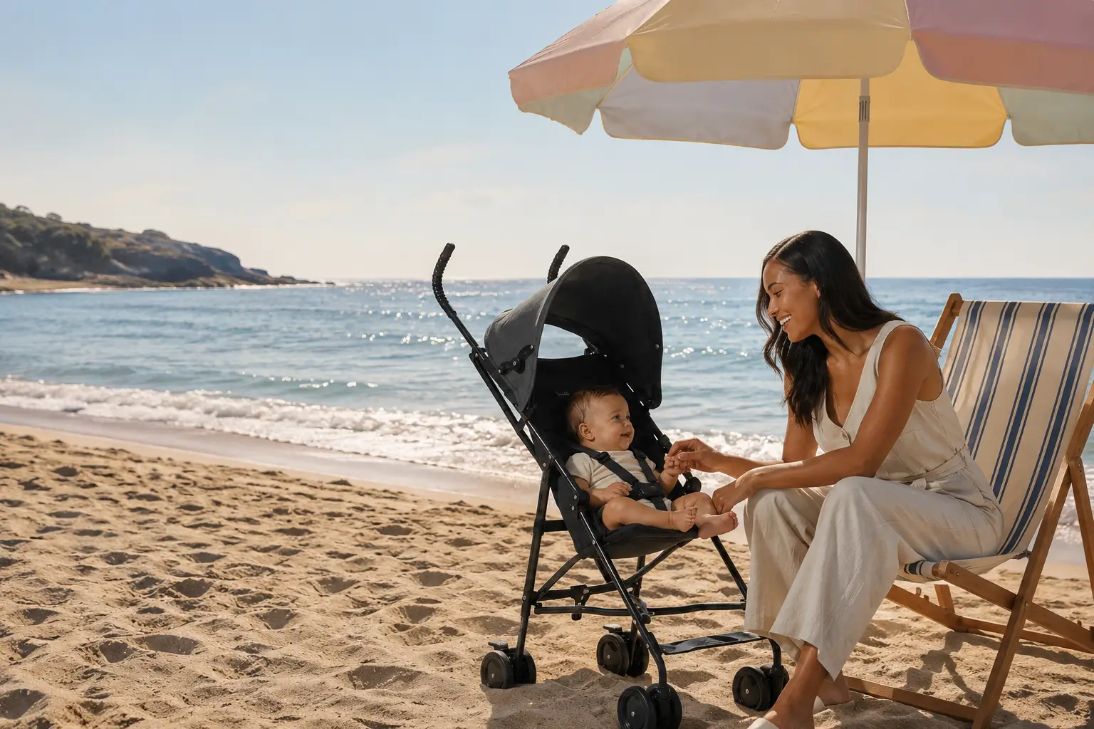 A woman sits in a beach chair, smiling at a baby in a stroller, on a sandy beach under a colorful umbrella, with the ocean behind them.