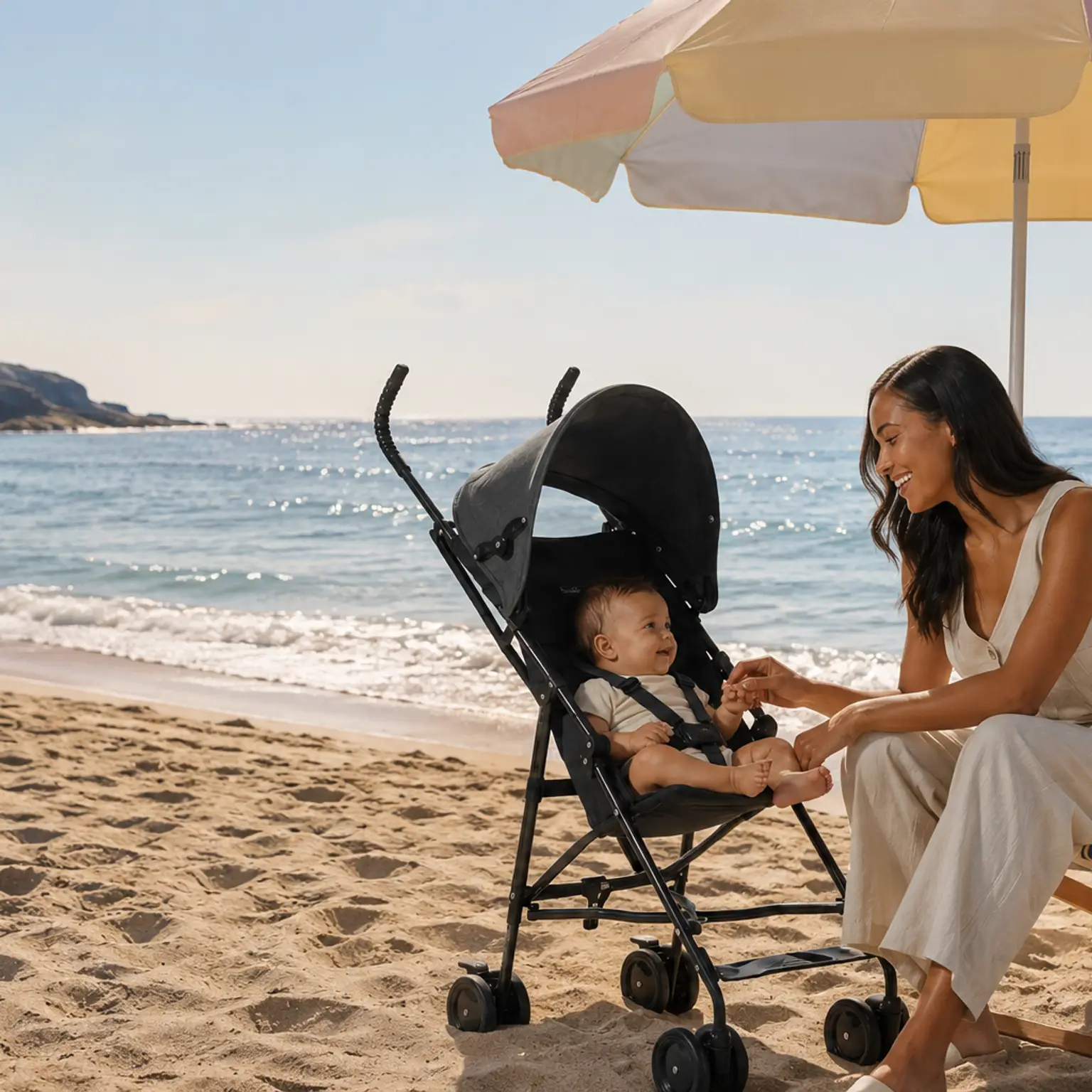 A woman sits in a beach chair, smiling at a baby in a stroller, on a sandy beach under a colorful umbrella, with the ocean behind them.