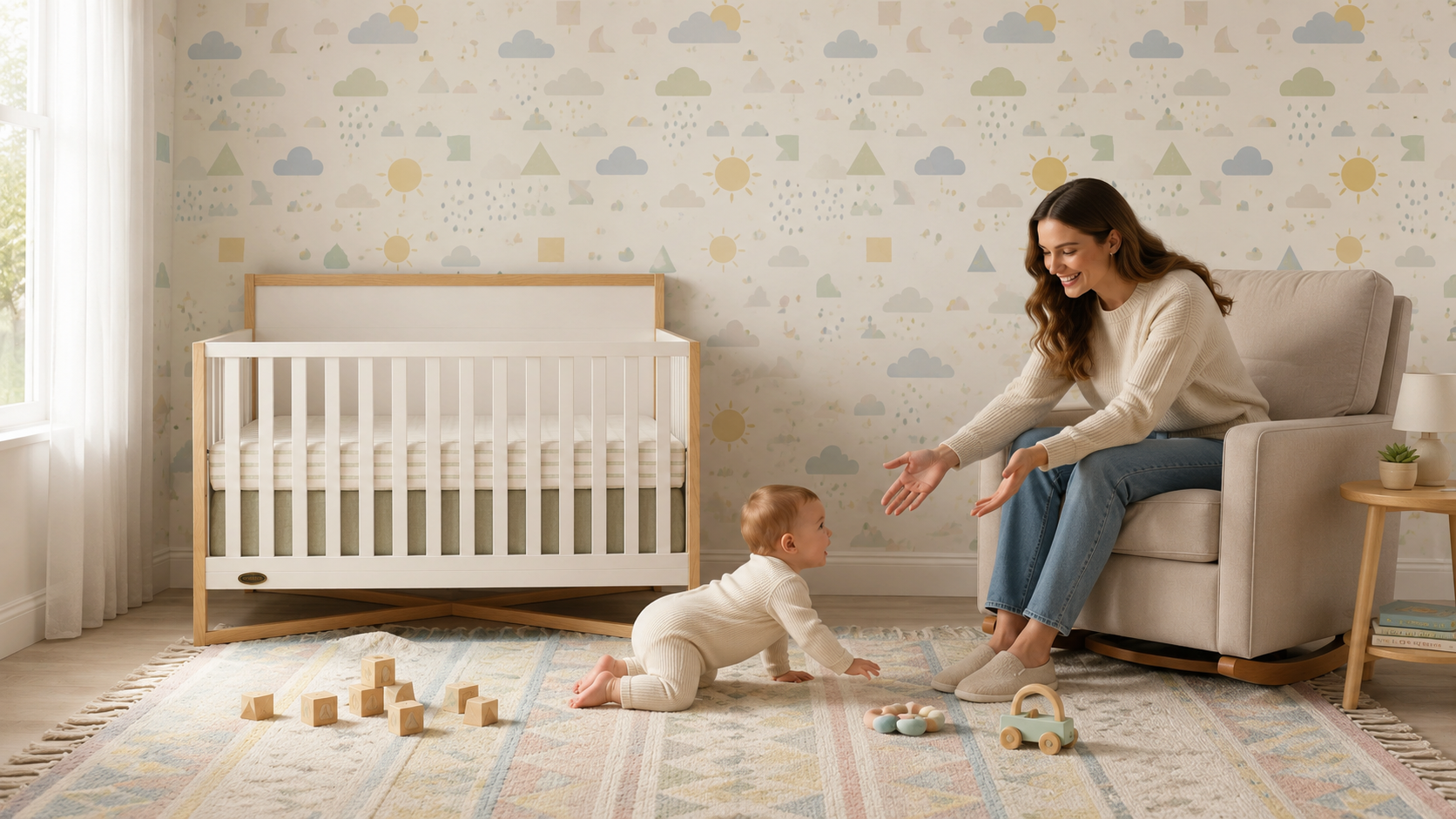 A smiling woman reaches out to a baby crawling towards her on a rug in a modern nursery.