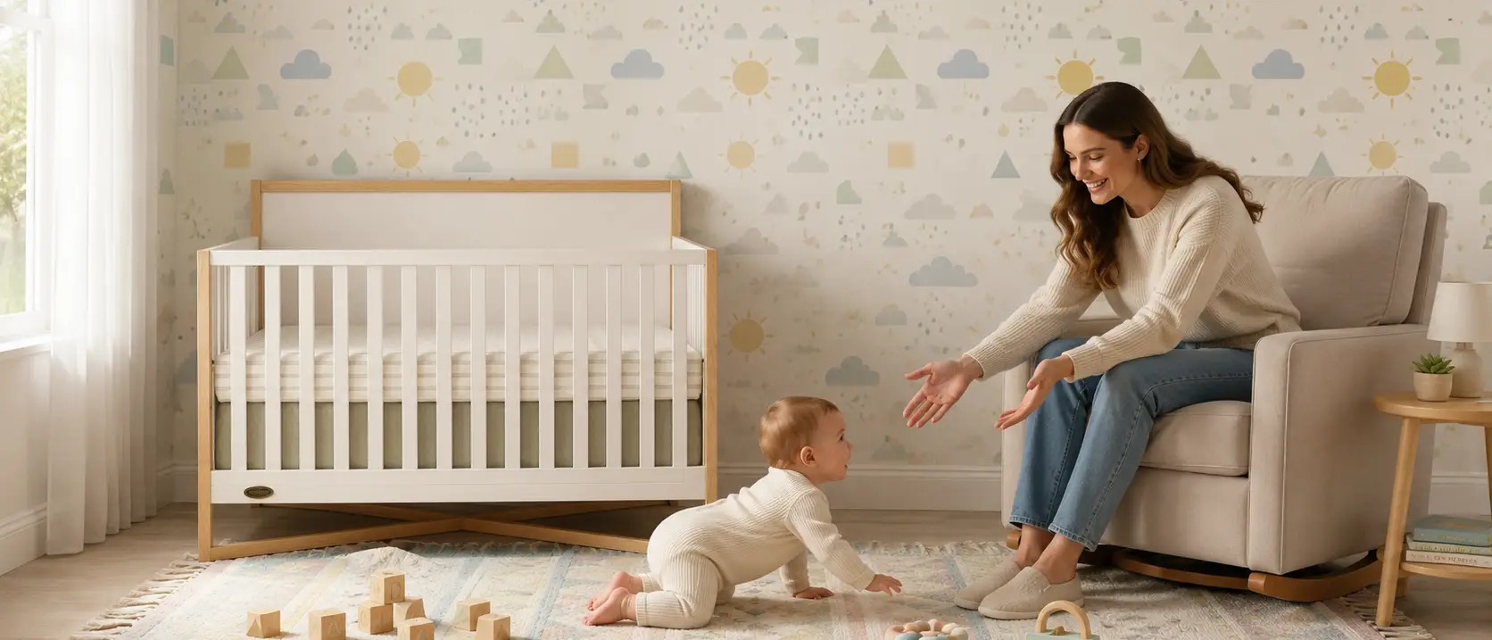 A smiling woman reaches out to a baby crawling towards her on a rug in a modern nursery.