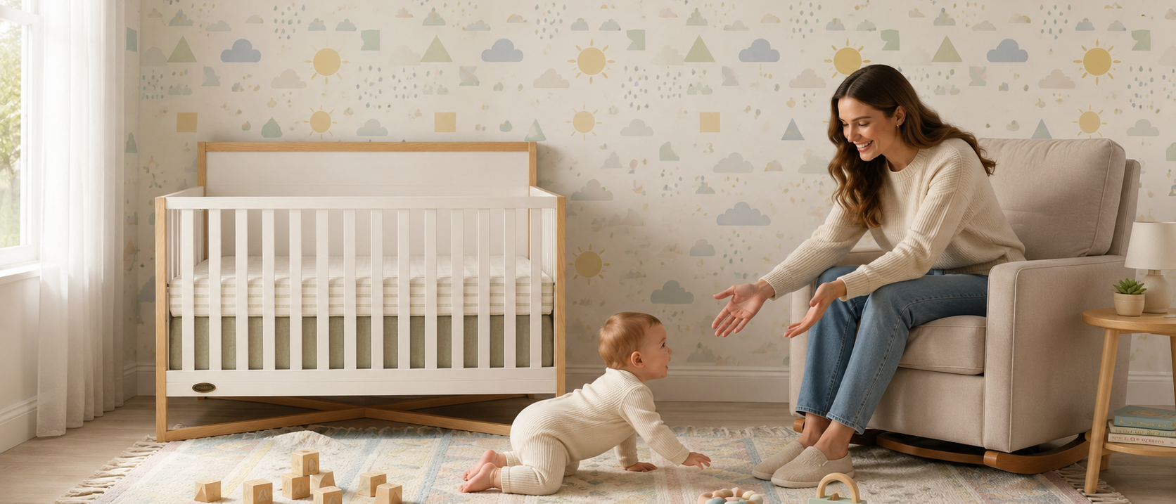 A smiling woman reaches out to a baby crawling towards her on a rug in a modern nursery.