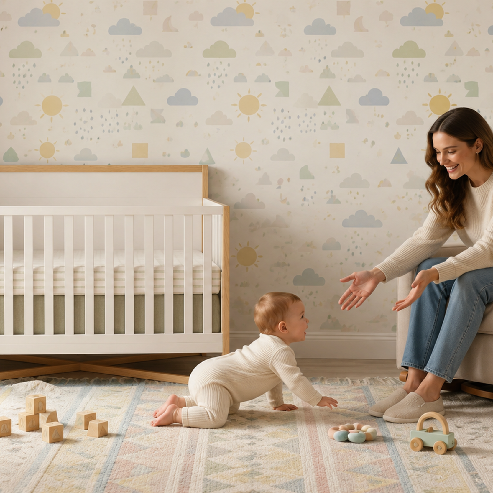 A smiling woman reaches out to a baby crawling towards her on a rug in a modern nursery.