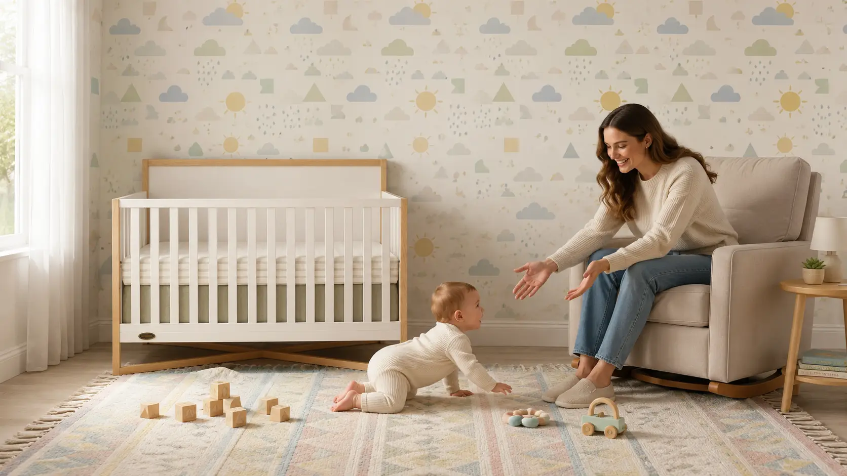 A smiling woman reaches out to a baby crawling towards her on a rug in a modern nursery.