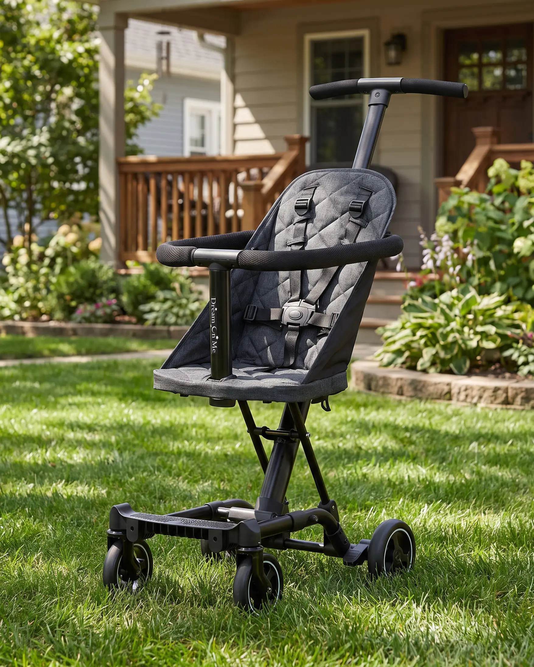 A dark gray compact baby stroller with a quilted seat and T-bar handle stands on a green lawn in front of a house.