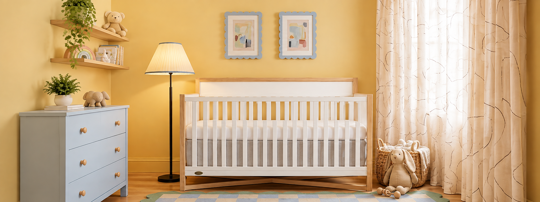 A yellow nursery with a white and wood crib, a light blue dresser, and decorative shelves.