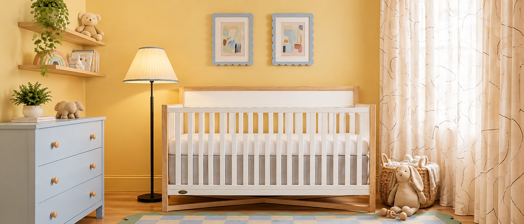 A yellow nursery with a white and wood crib, a light blue dresser, and decorative shelves.