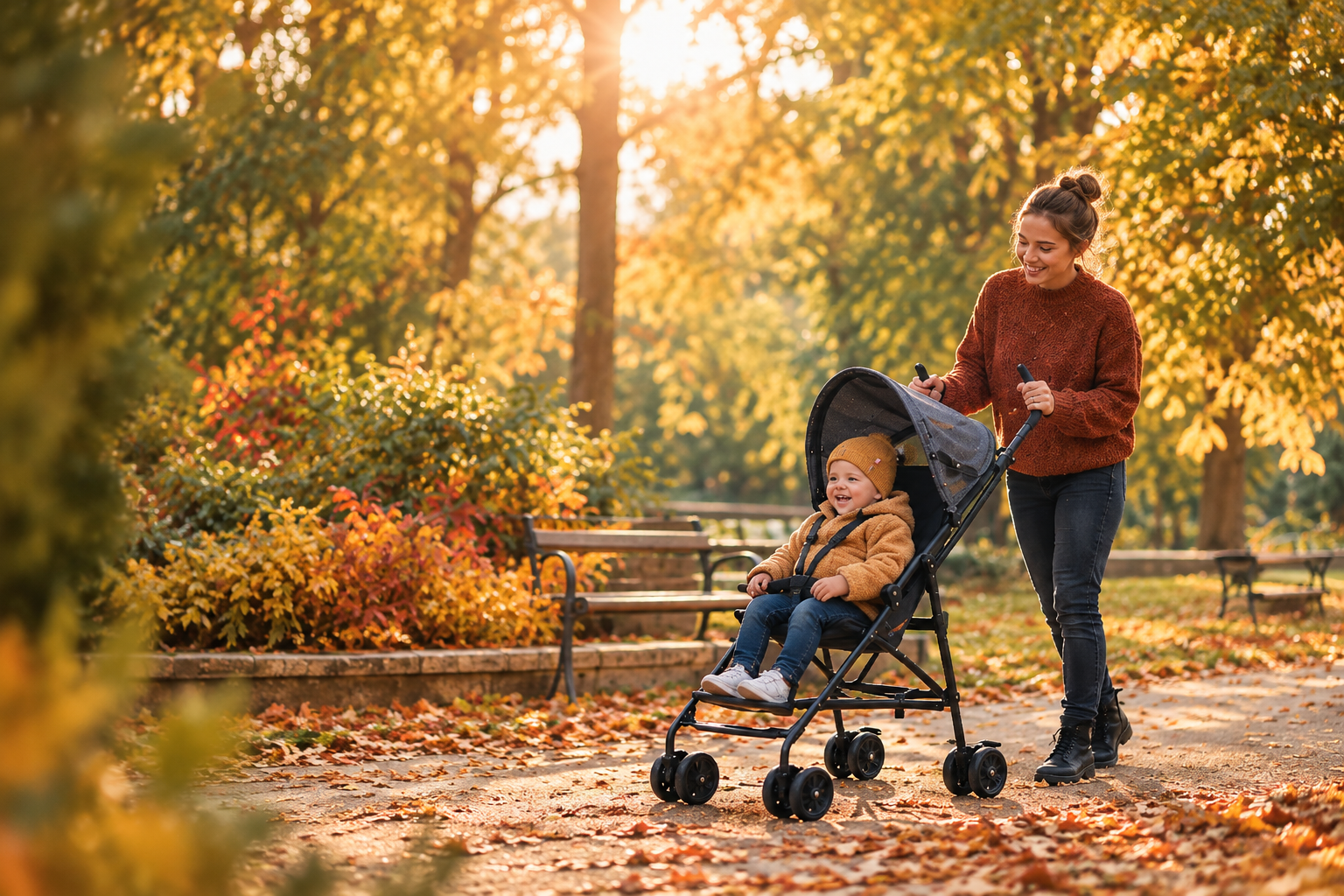 Mother walking through a fall park with her baby in a stroller, surrounded by golden autumn foliage