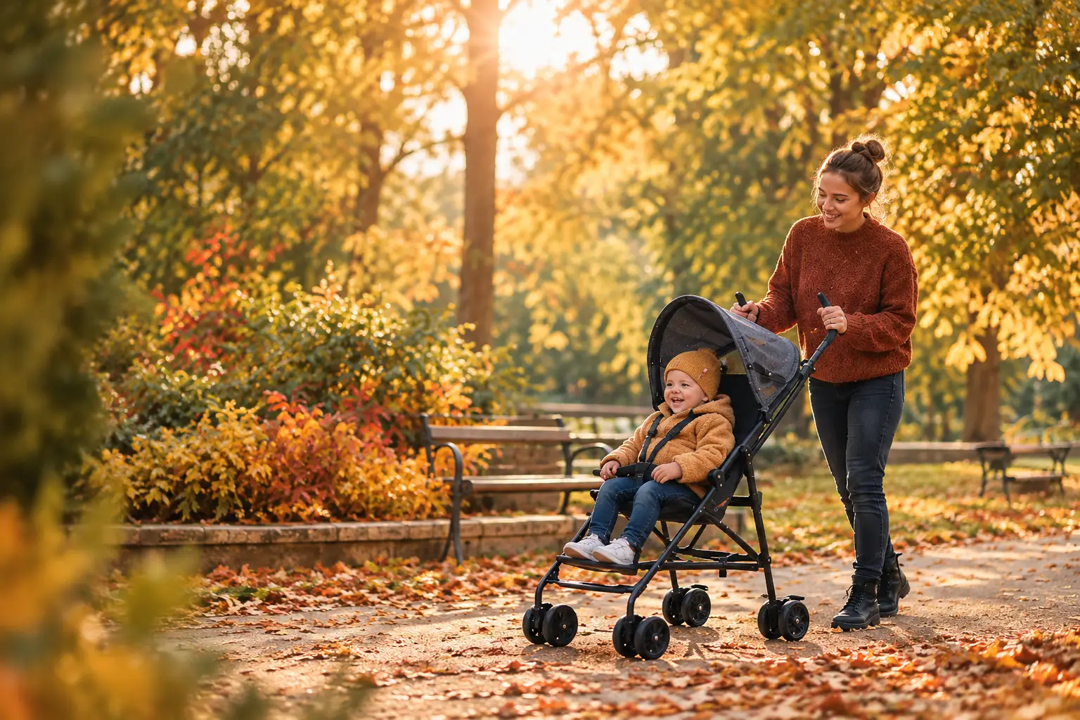 Mother walking through a fall park with her baby in a stroller, surrounded by golden autumn foliage