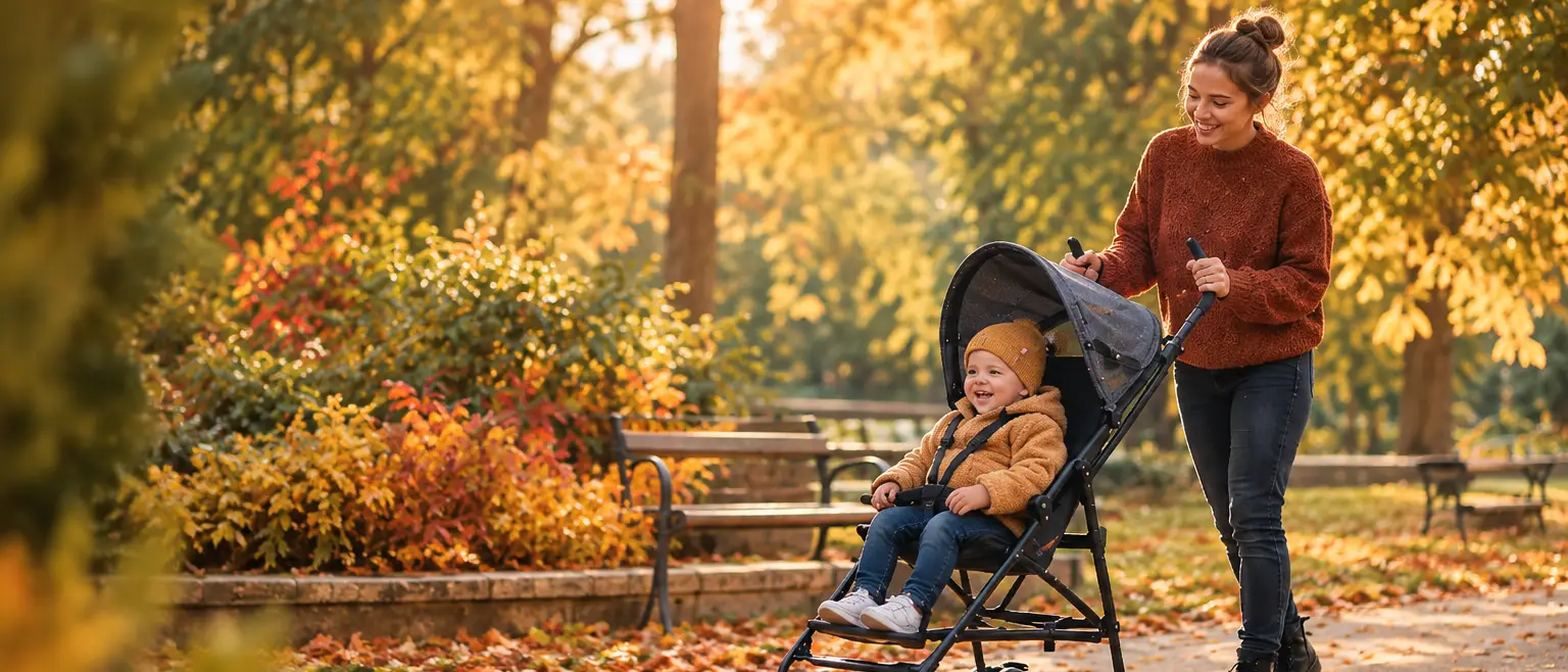 Mother walking through a fall park with her baby in a stroller, surrounded by golden autumn foliage