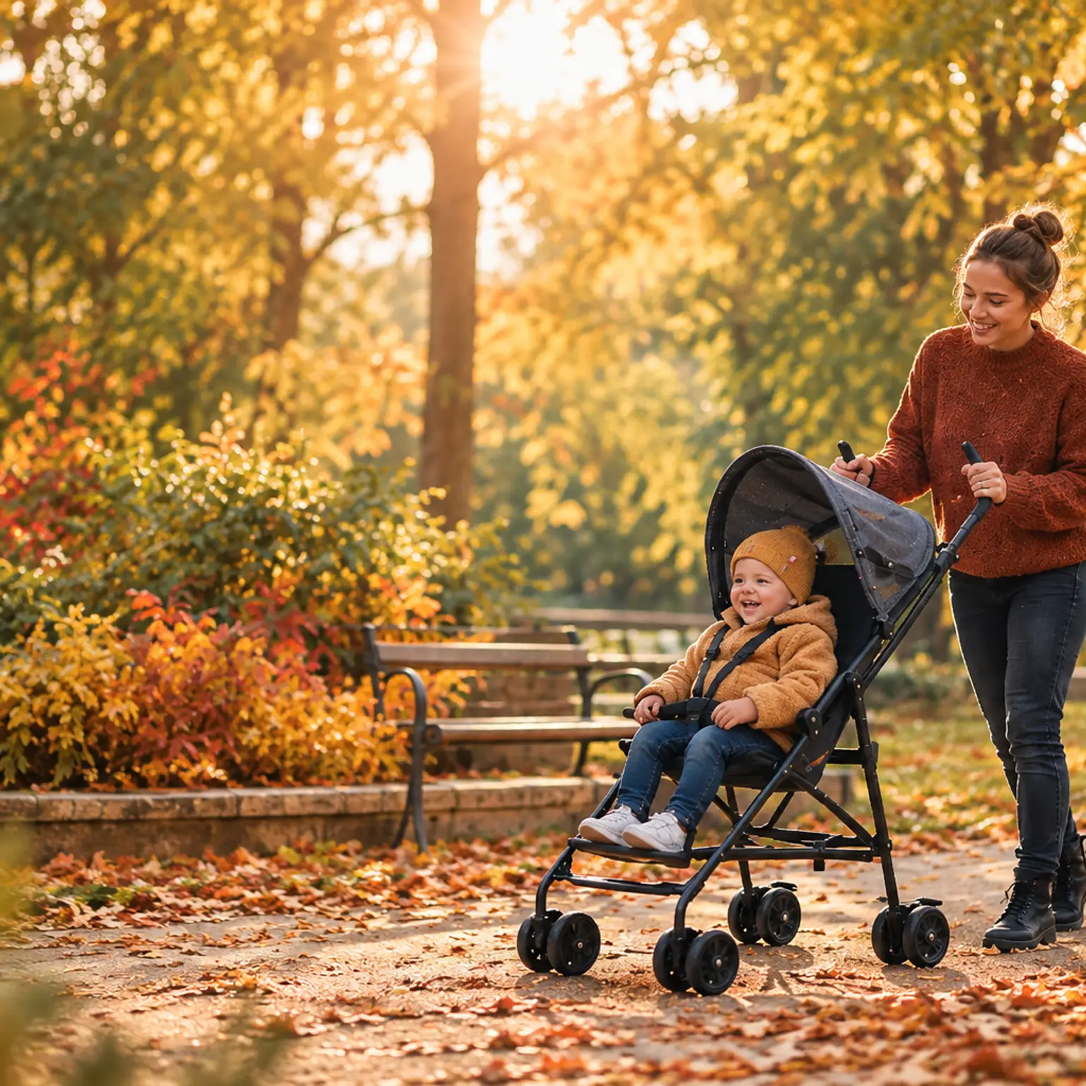 Mother walking through a fall park with her baby in a stroller, surrounded by golden autumn foliage