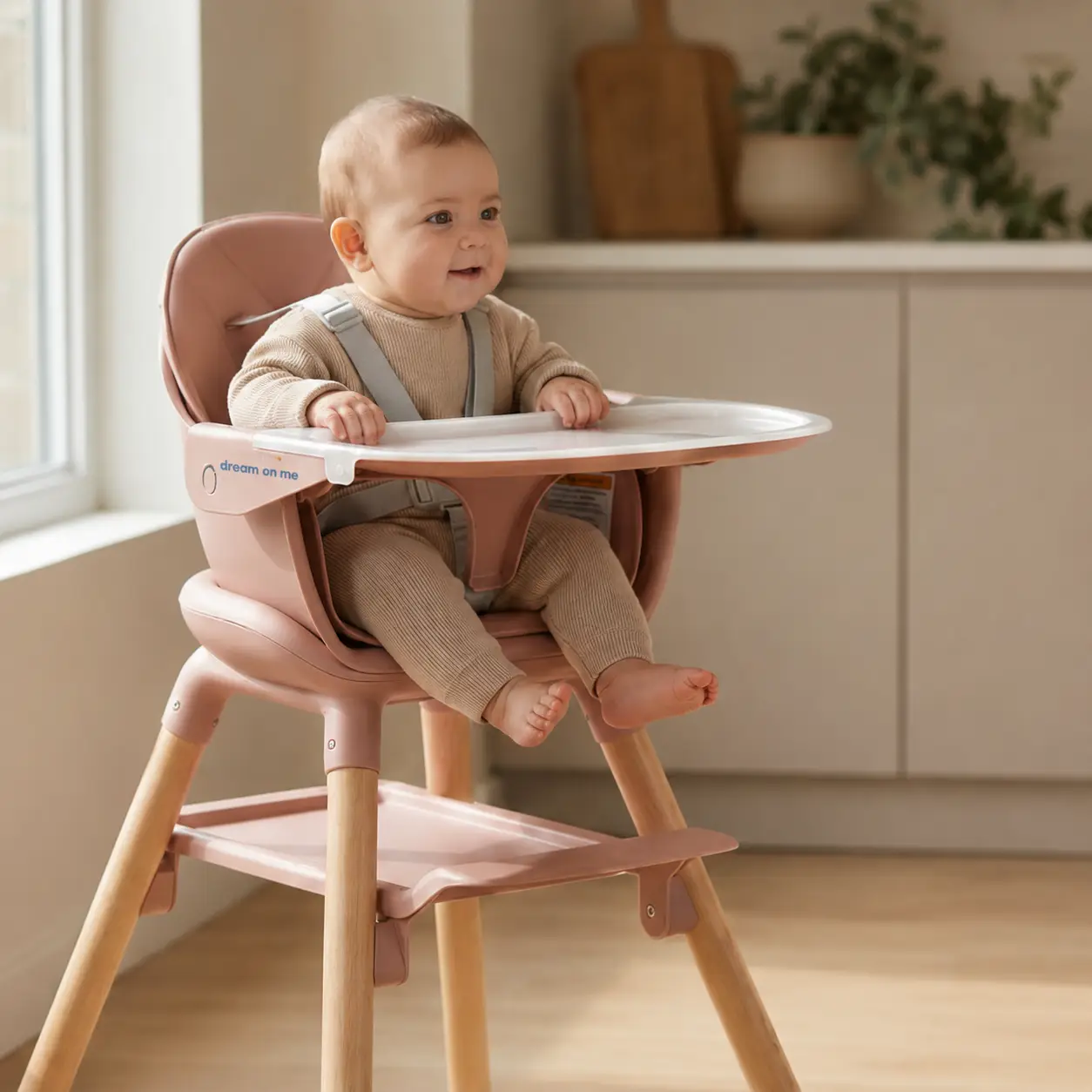 Smiling baby sitting in a modern high chair in a bright, minimalist home