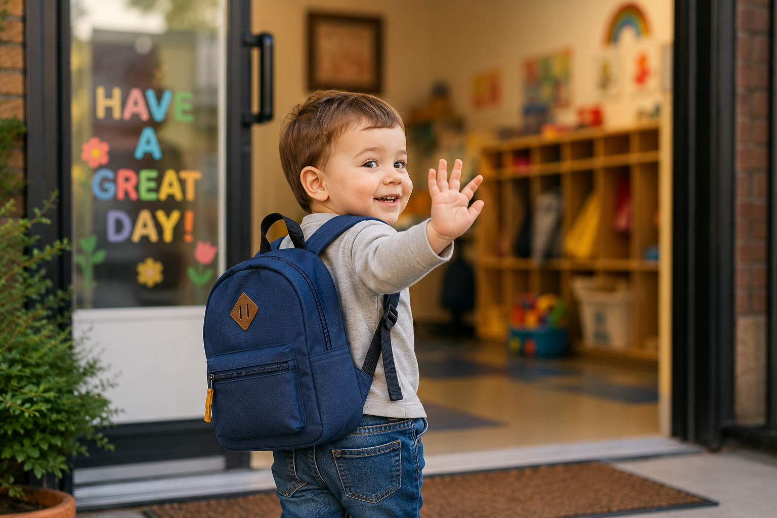 Smiling toddler with a backpack waves from a doorway displaying "Have a Great Day!"