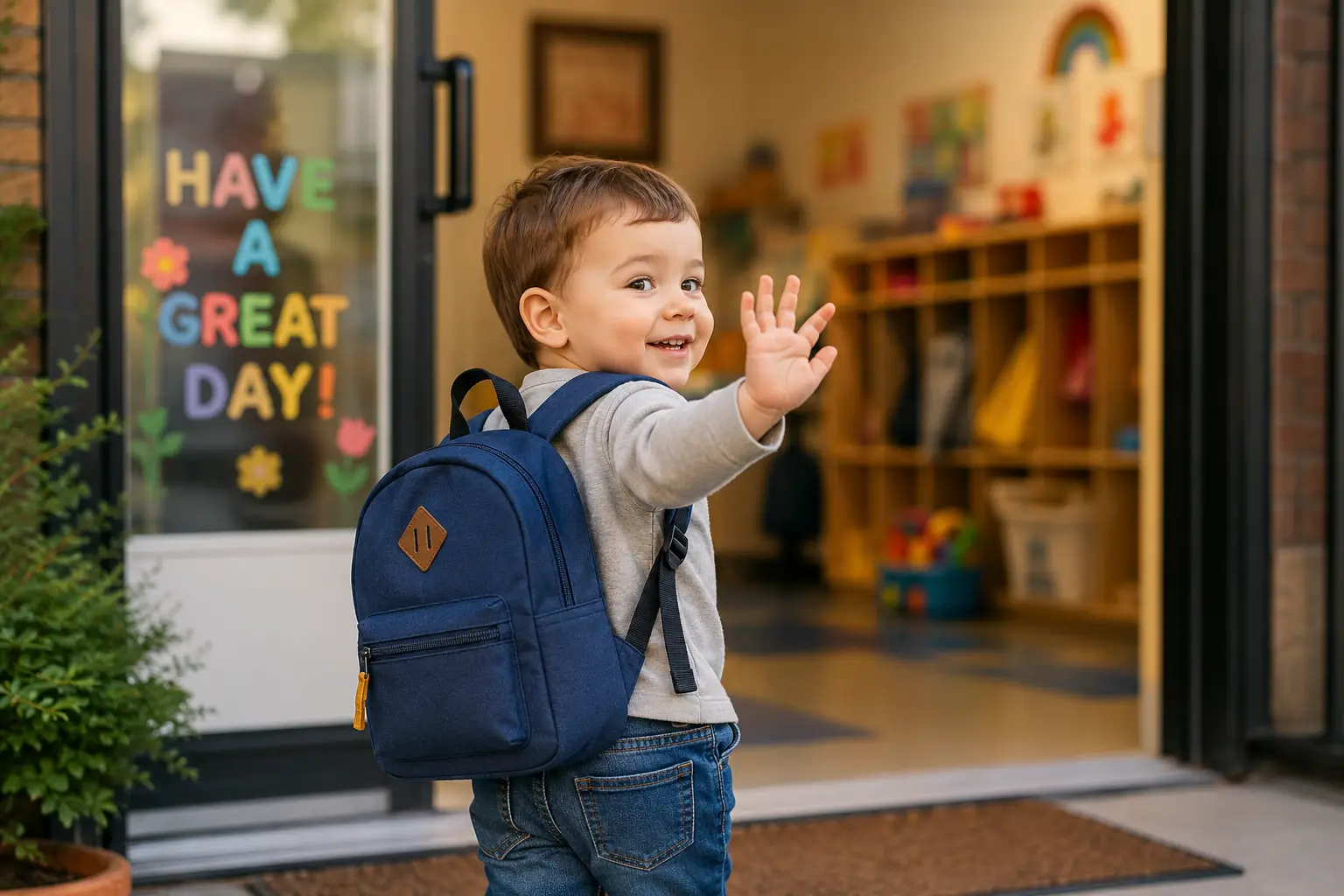 Smiling toddler with a backpack waves from a doorway displaying "Have a Great Day!"