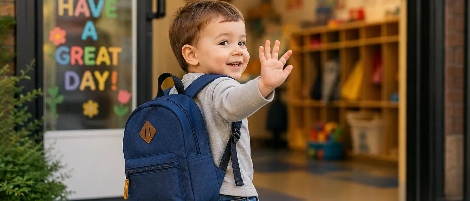 Smiling toddler with a backpack waves from a doorway displaying "Have a Great Day!"