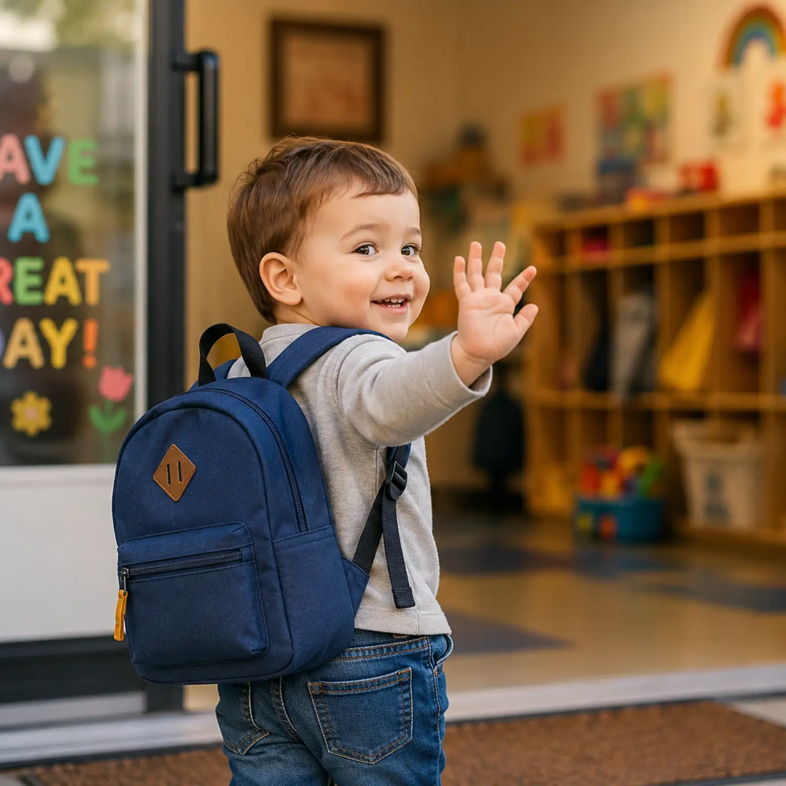Smiling toddler with a backpack waves from a doorway displaying "Have a Great Day!"