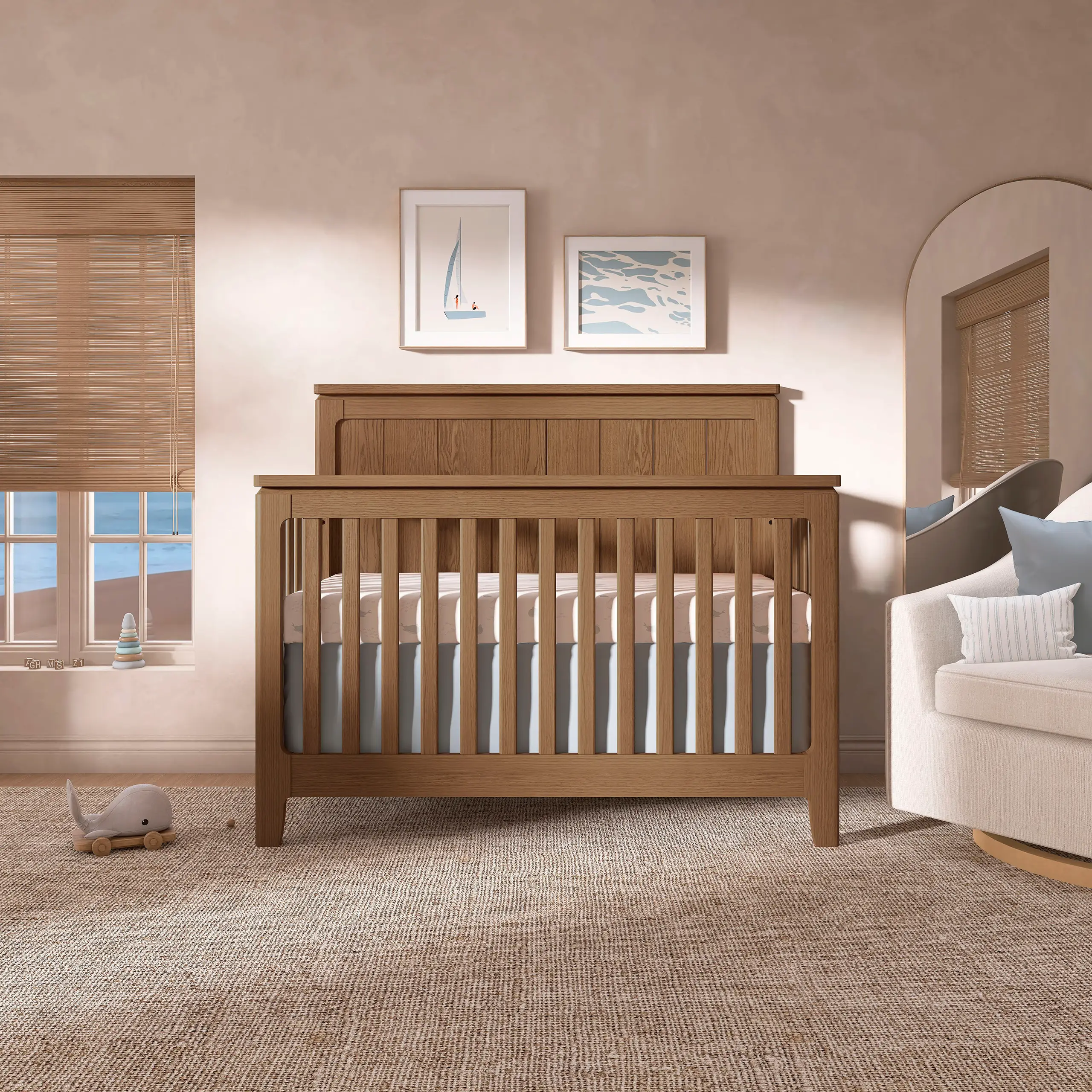 Evolur Oakley 5-in-1 Convertible Hickory wooden baby crib with slatted design and paneled headboard, stylish nursery furniture in a modern room setting