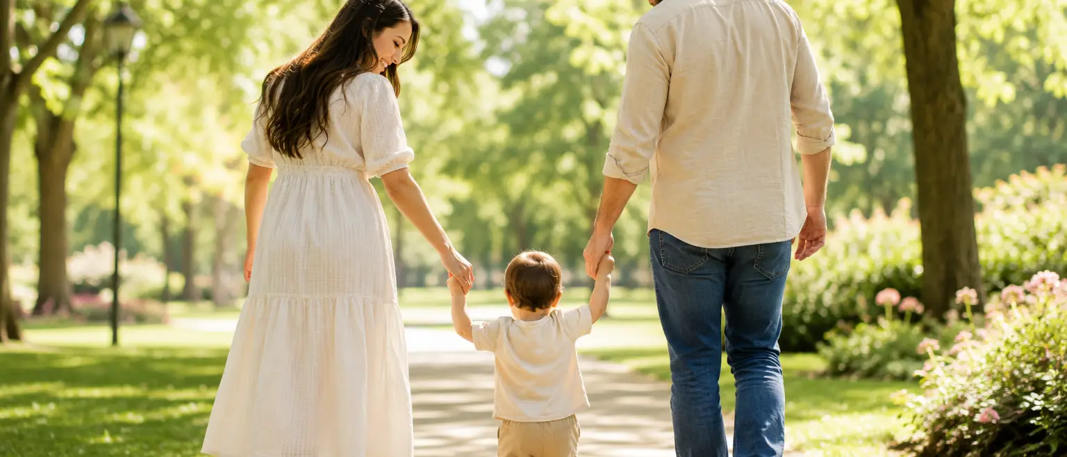 A family walks hand-in-hand with their toddler down a sunny park path.