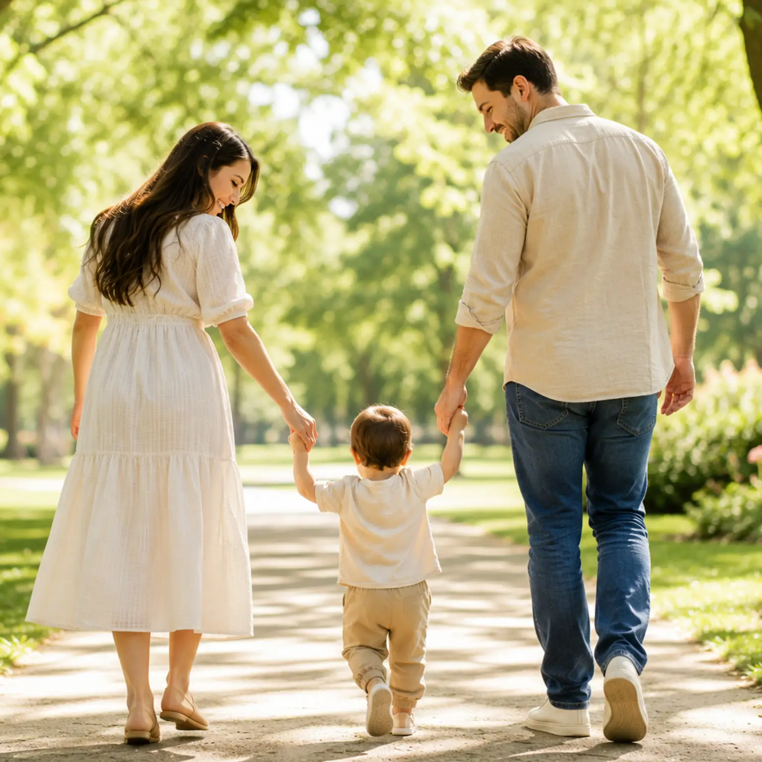 A family walks hand-in-hand with their toddler down a sunny park path.