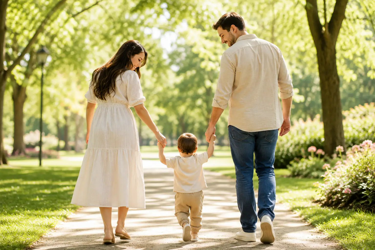A family walks hand-in-hand with their toddler down a sunny park path.