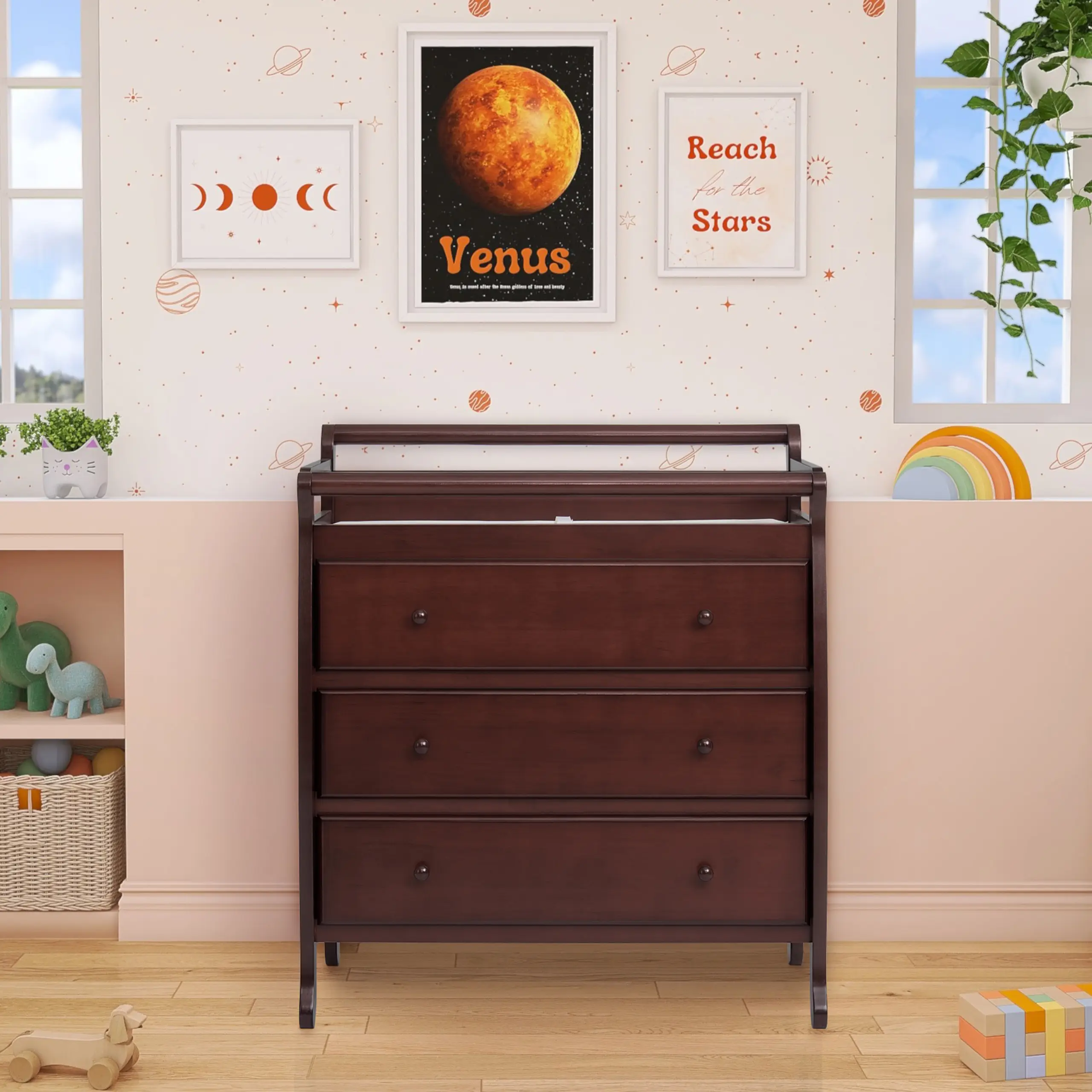 Dream On Me Liberty 3 Drawer Changing Table in espresso finish with spacious storage drawers in a space-themed nursery