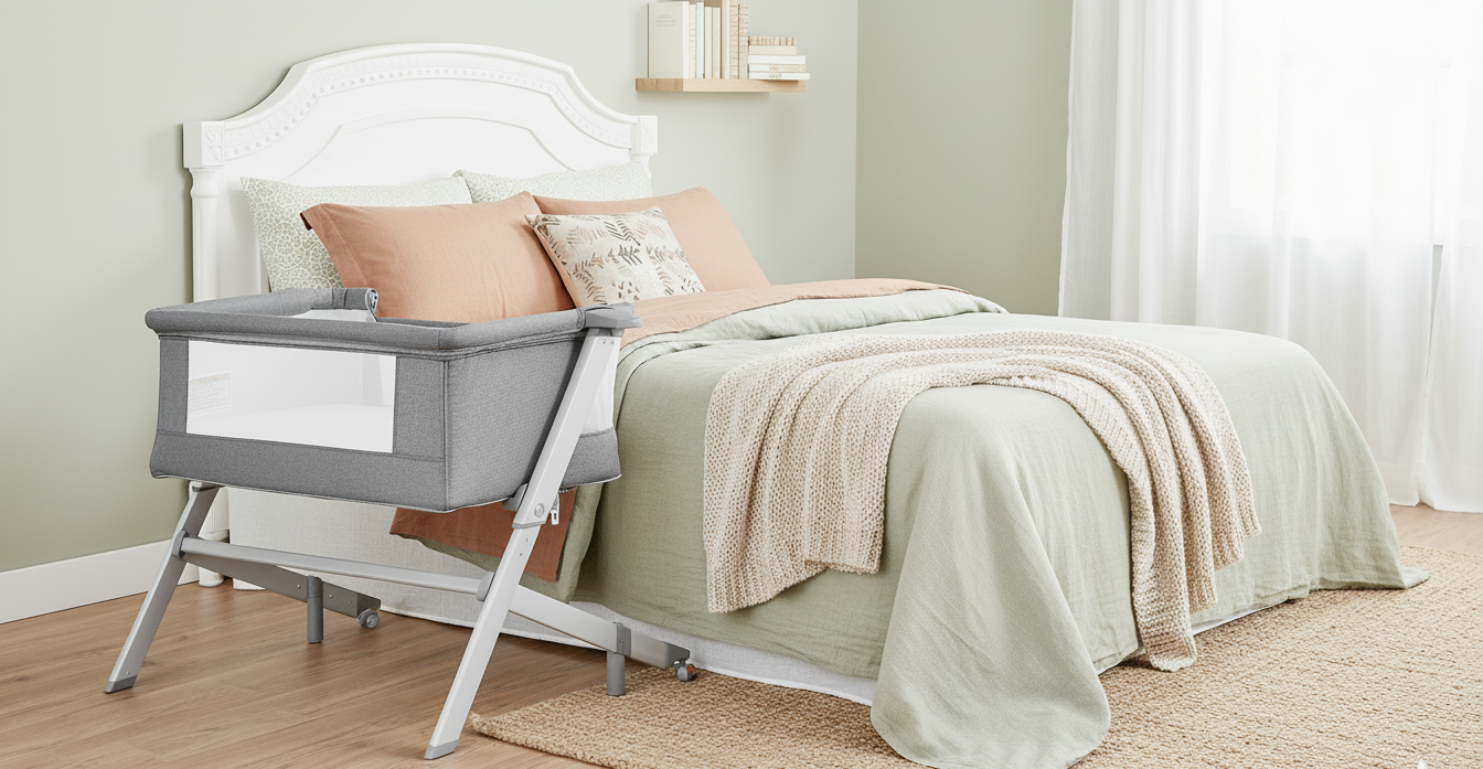 Modern bedroom with a neatly made bed in sage green and beige tones, featuring Dream On Me gray Skylar bedside bassinet placed next to the bed