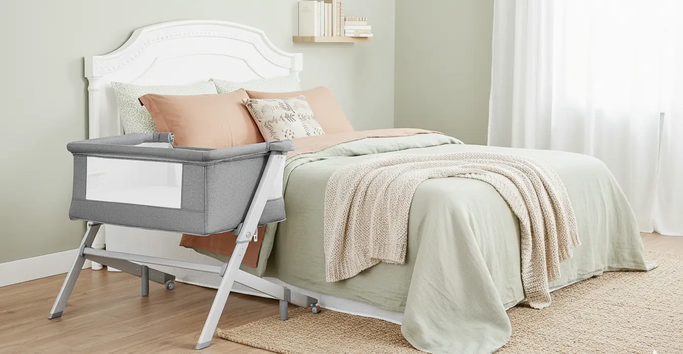 Modern bedroom with a neatly made bed in sage green and beige tones, featuring Dream On Me gray Skylar bedside bassinet placed next to the bed