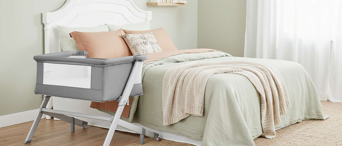 Modern bedroom with a neatly made bed in sage green and beige tones, featuring Dream On Me gray Skylar bedside bassinet placed next to the bed