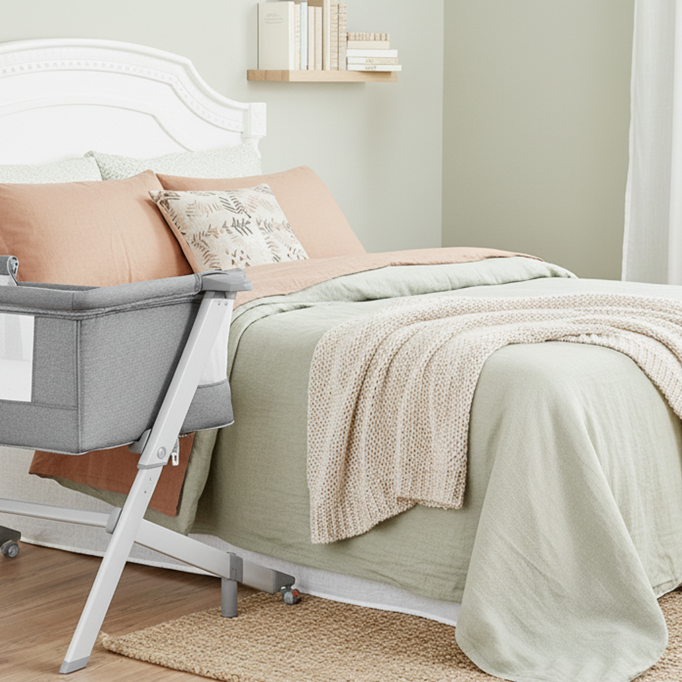Modern bedroom with a neatly made bed in sage green and beige tones, featuring Dream On Me gray Skylar bedside bassinet placed next to the bed