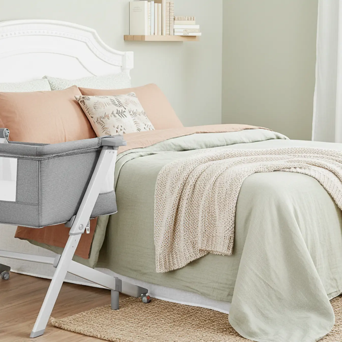 Modern bedroom with a neatly made bed in sage green and beige tones, featuring Dream On Me gray Skylar bedside bassinet placed next to the bed