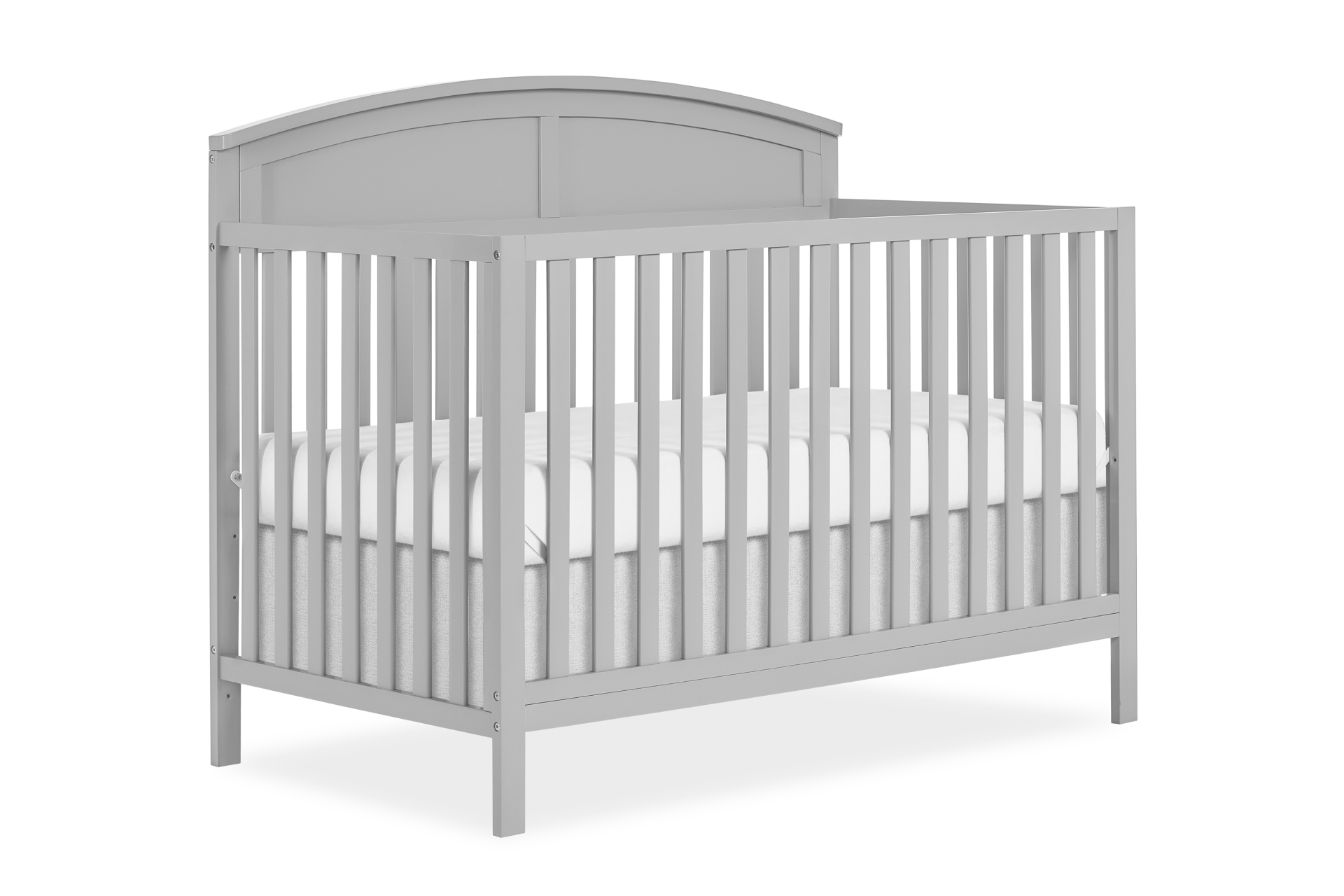 Dream On Me Storybrooke crib with an arched headboard and vertical slats, paired with a white mattress.